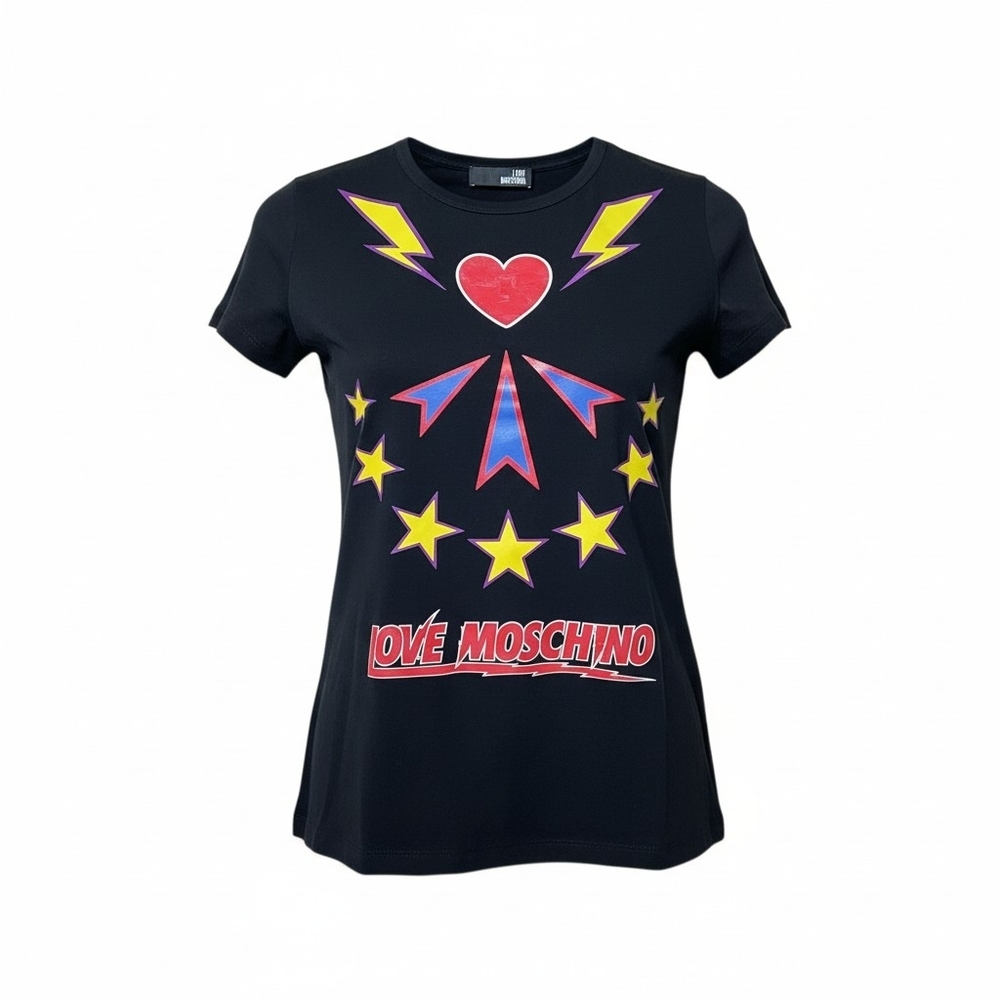 Love Moschino Black Graffic Tee Shirt Short Sleeve Size 6 Medium Cotton